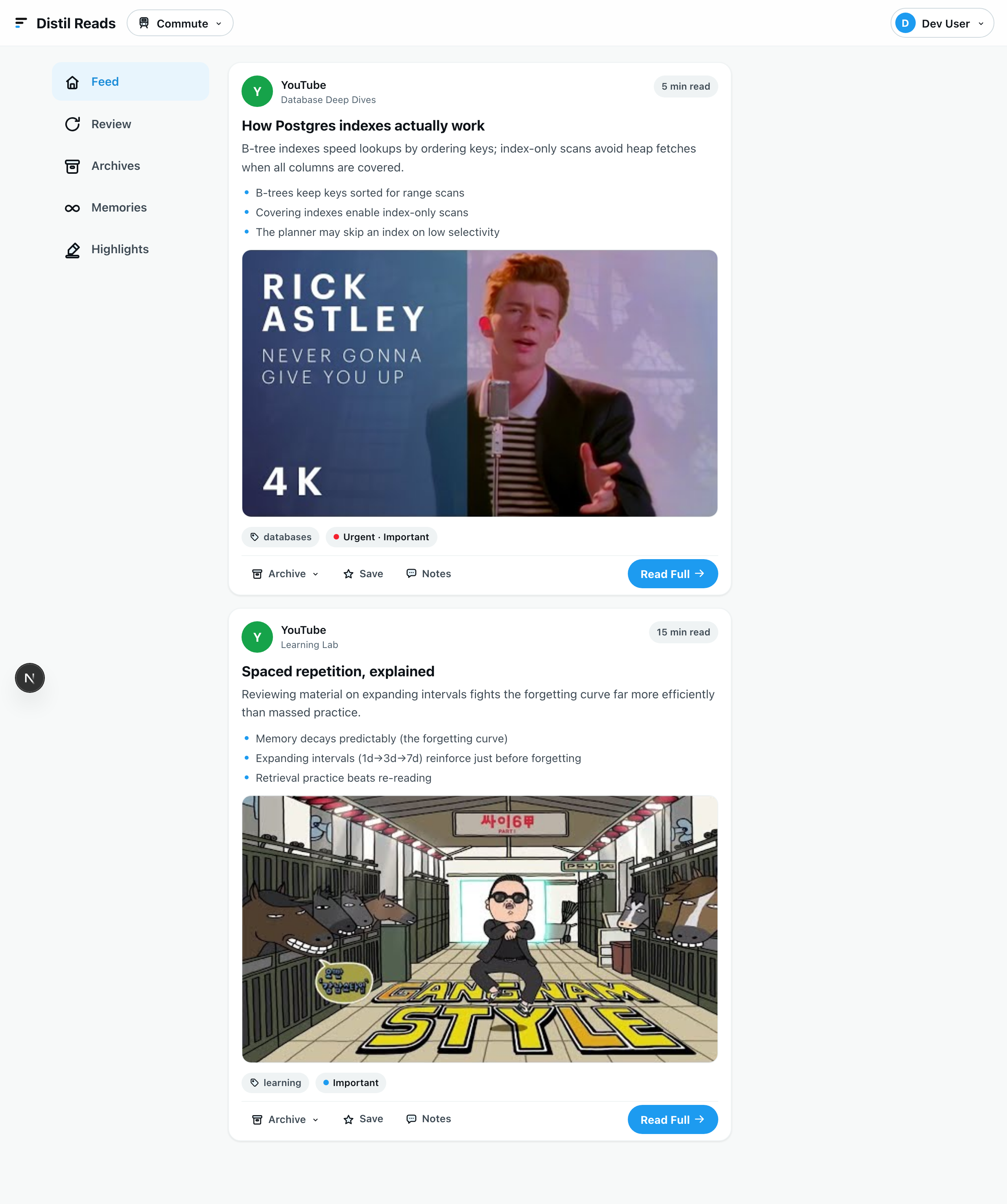 The Distil Reads feed showing captured cards with summaries and key points