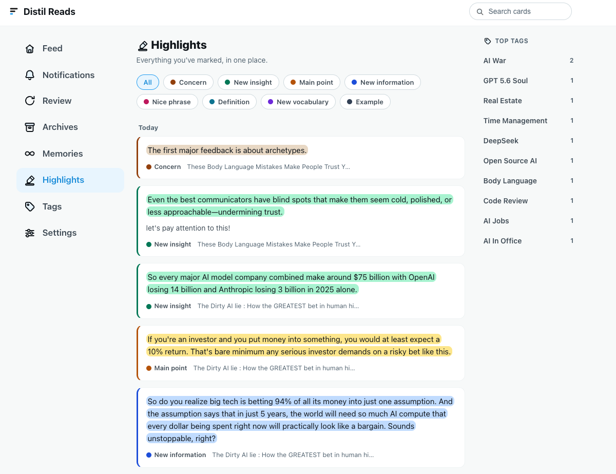 The Distil Reads Highlights page listing every highlight across all cards, filterable by color meaning