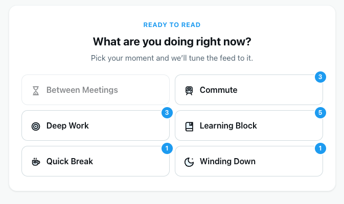 The Distil Reads Occasion picker asking 'What are you doing right now?', with a card count waiting in each Occasion