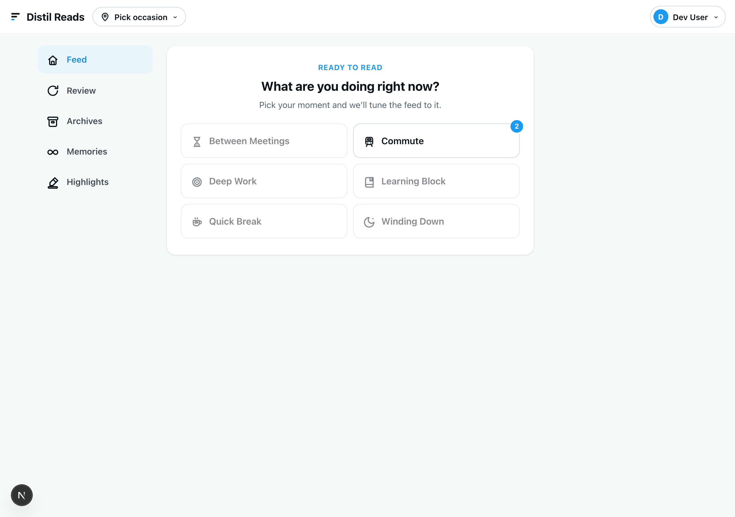 The Distil Reads Occasion picker asking 'What are you doing right now?'