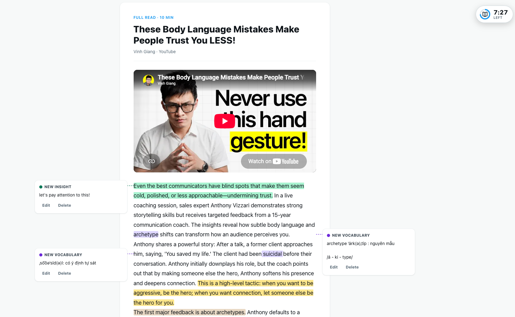 The Distil Reads reader with color-coded highlights and margin notes pinned beside the text